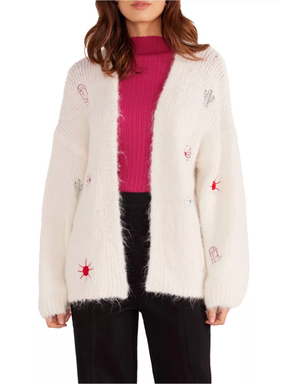 MINKPINK White Open-Front Cardigan with Multi-Color Embroidery Size Small